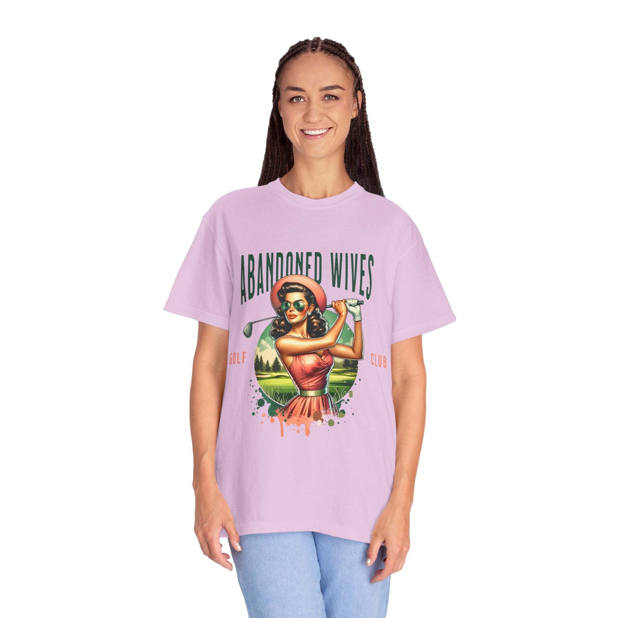 Vintage unisex T-shirt with Abandoned Wives Golf Club graphic and purple color