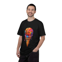 Colorful dripping ice cream cone graphic on relaxed-fit neon dessert t-shirt