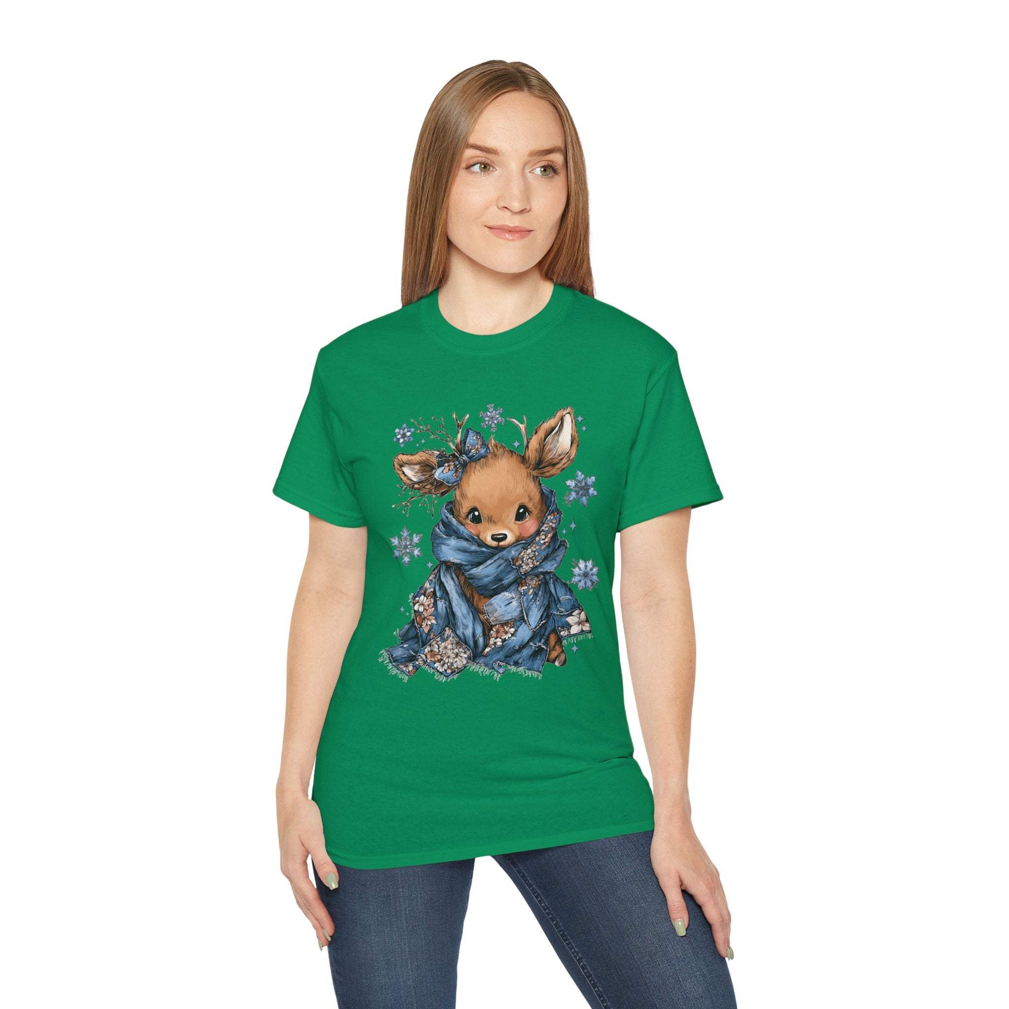 Woman wearing green Retro Patchwork Reindeer t-shirt with reindeer graphic and blue scarf