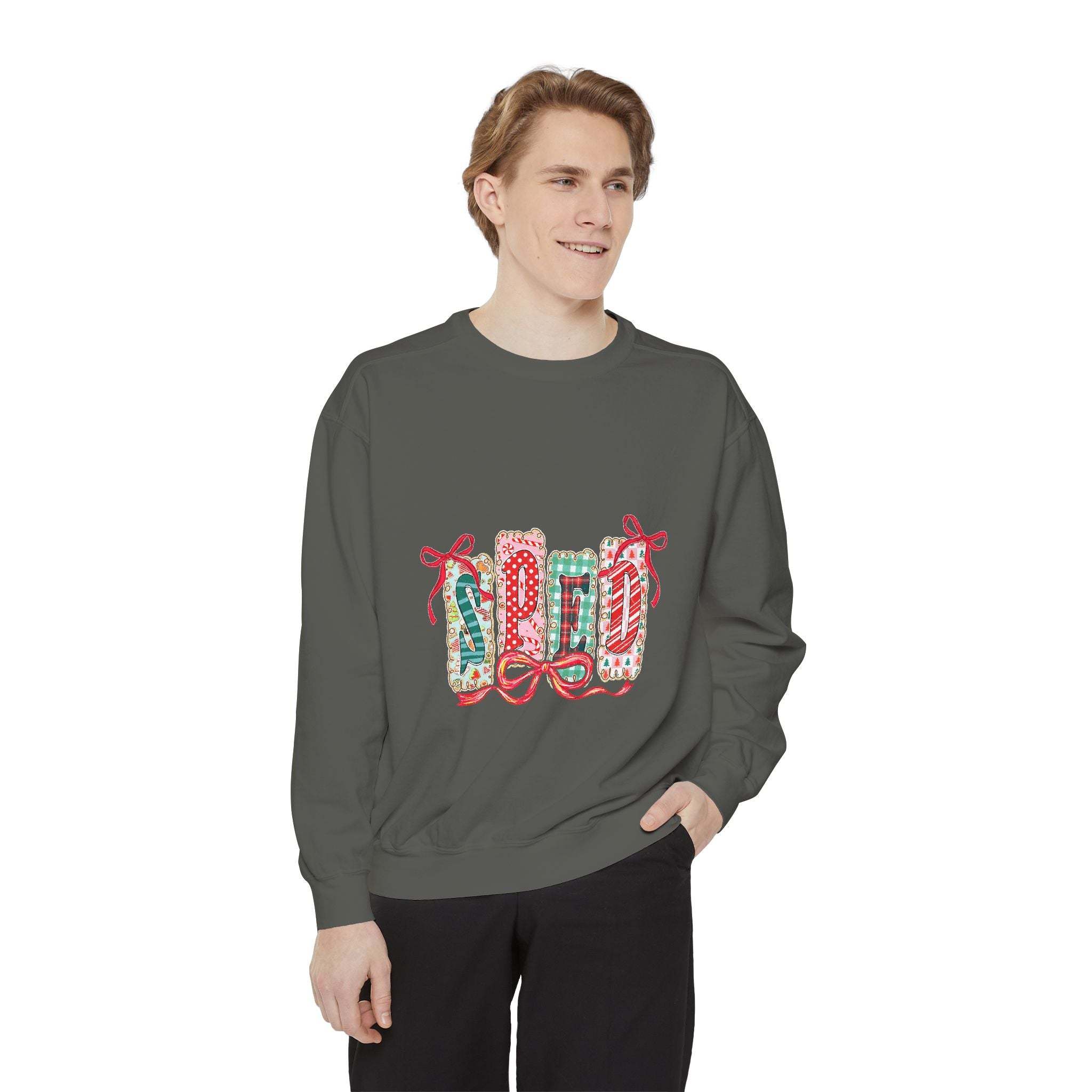 Pepper garment-dyed sweatshirt for preppy SPED teachers, featuring a festive Christmas design by Printify