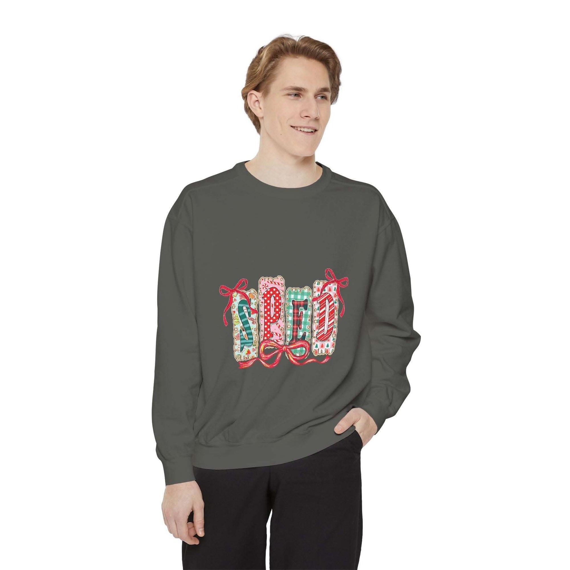 Pepper garment-dyed sweatshirt for preppy SPED teachers, featuring a festive Christmas design by Printify