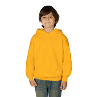 Child wearing yellow Patchwork Wild Word Hoodie with kangaroo pocket and hood