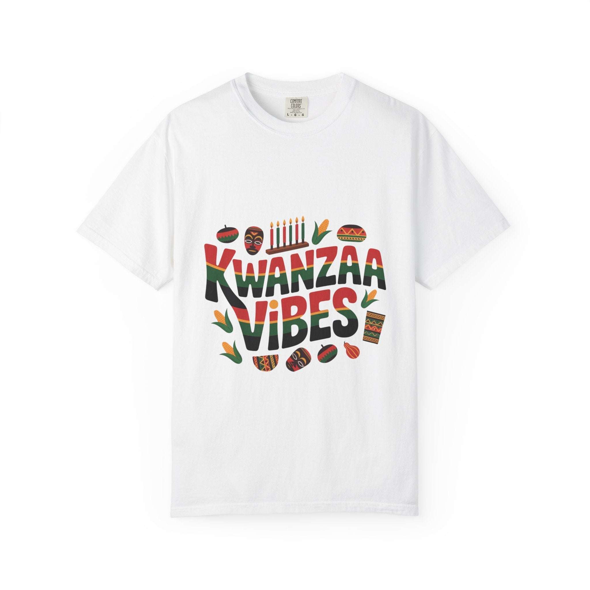 White garment-dyed T-shirt with colorful Kwanzaa Vibes design and cultural symbols