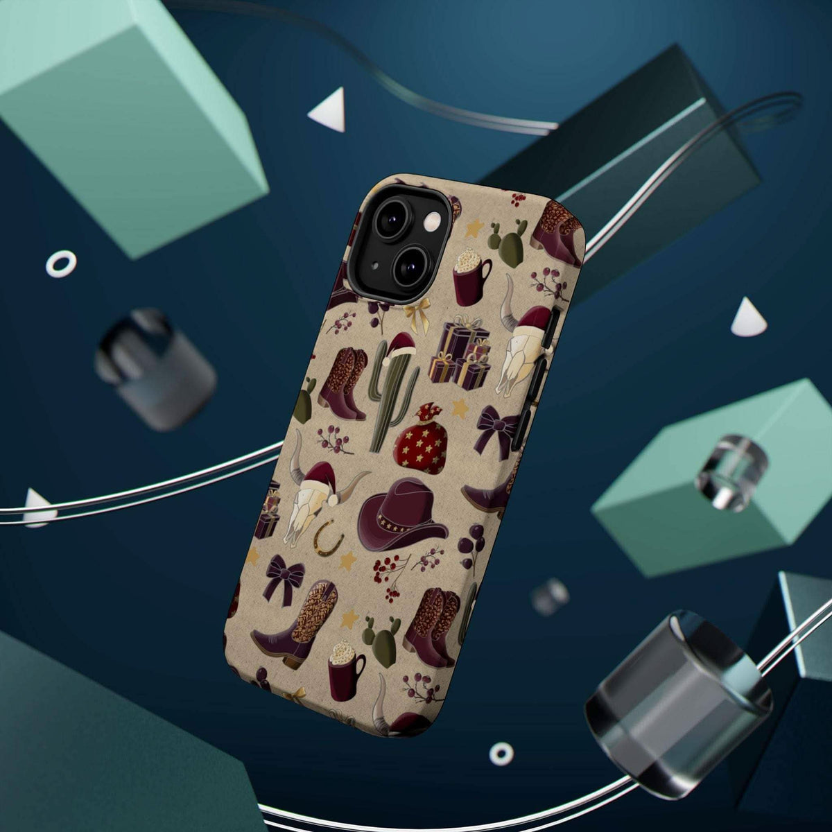 Cowboy Christmas design phone case for iPhone 17 in glossy finish by Printify, featuring festive colors and patterns.