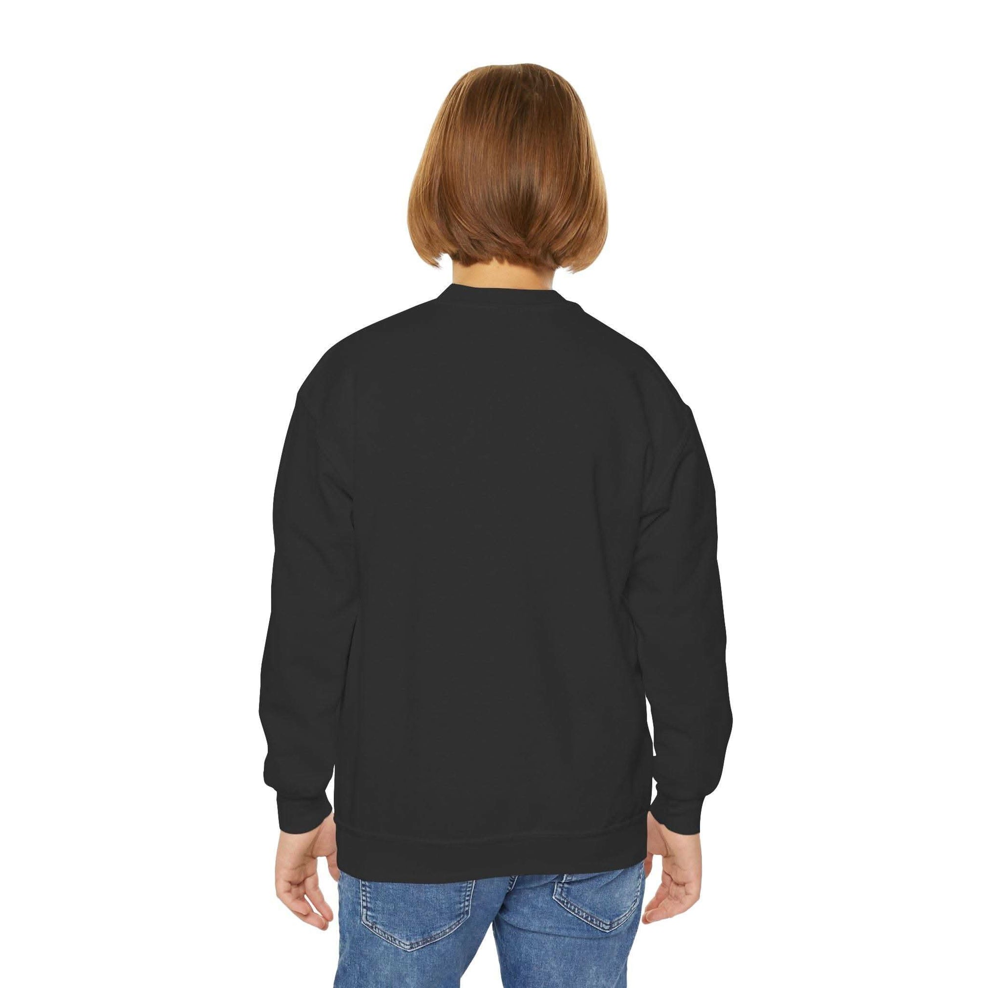 Navy youth crewneck sweatshirt featuring 'Making a List Chicken it Twice' graphic by Printify