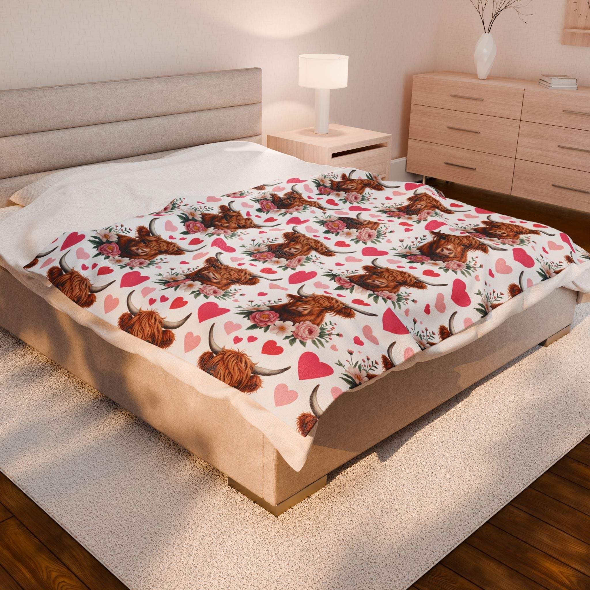 Velveteen plush blanket with floral Highland cow design, soft and cozy for home decor