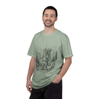 Cat hiker illustration on vintage garment-dyed heavyweight tee with mountain camping scene