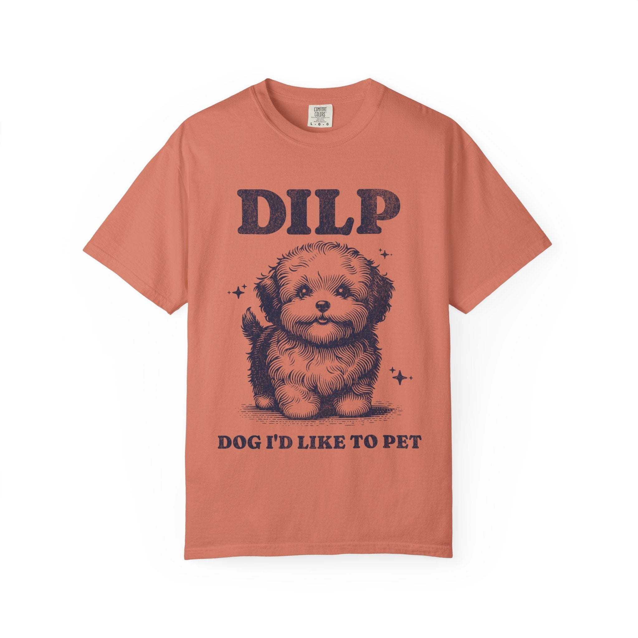 Blossom garment-dyed t-shirt featuring cute dog design, casual style, available in sizes S, M, L by Printify