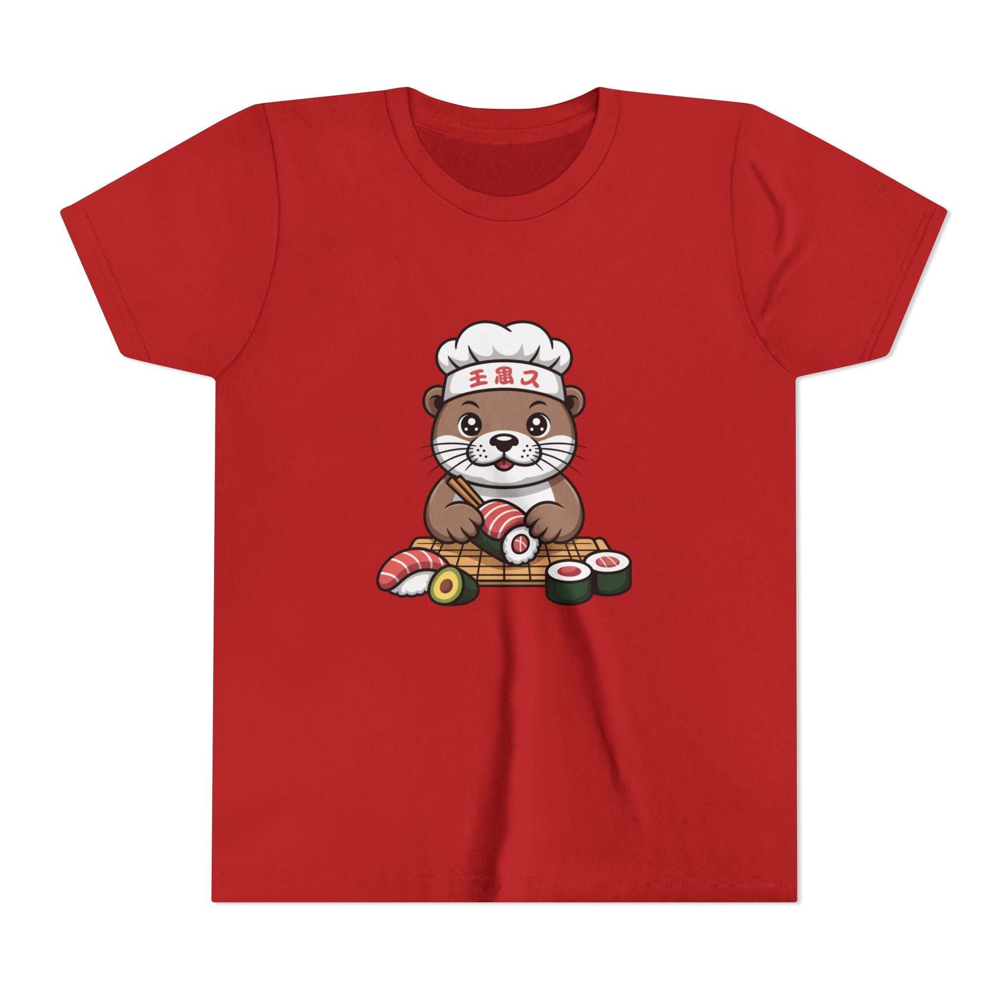 Youth tee featuring playful Otter Sushi Chef crafting sushi, soft breathable cotton design for kids