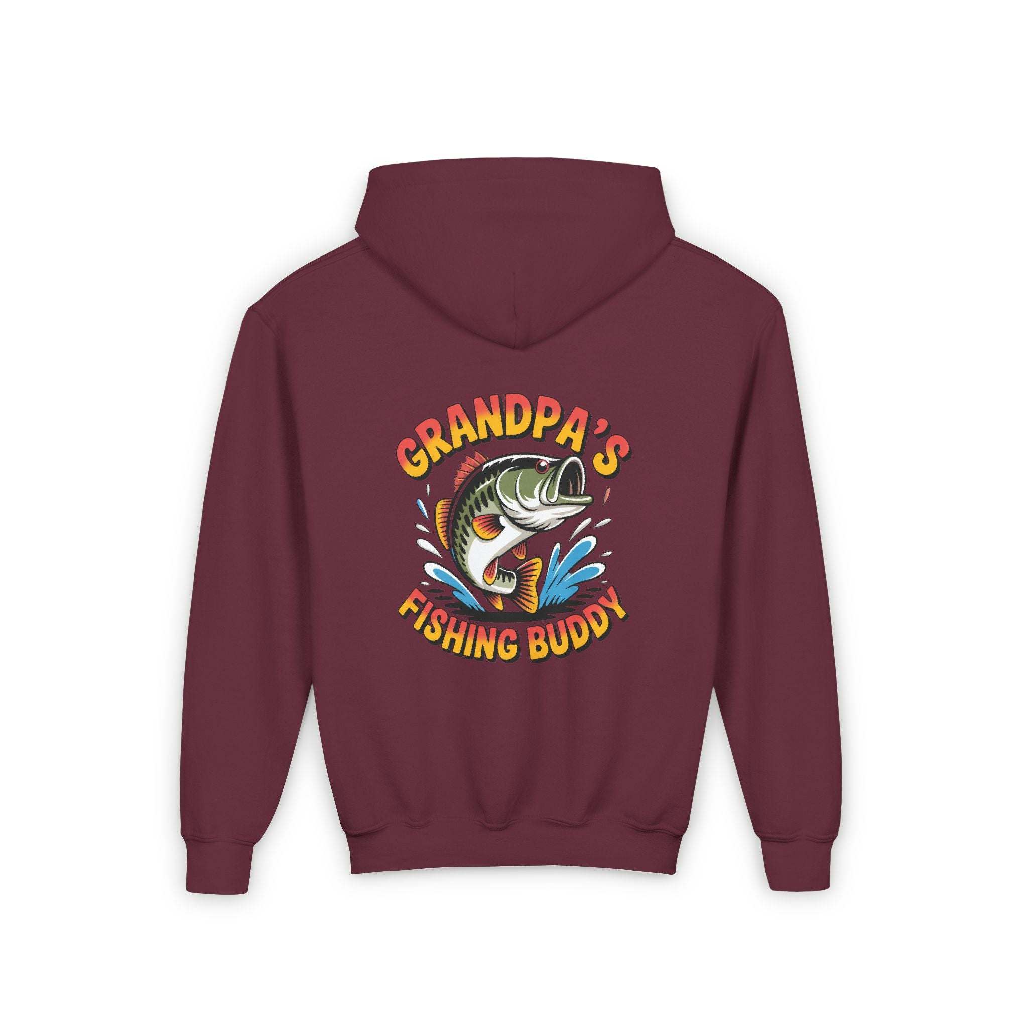 Youth hooded sweatshirt with embroidered Grandpas Fishing Buddy Hoodie design and kangaroo pocket