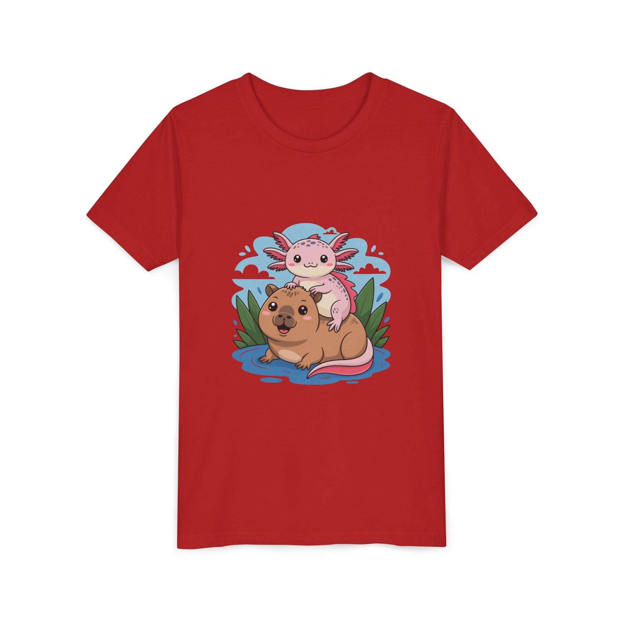 Breathable navy cotton youth tee featuring axolotl on a capybara design by Printify