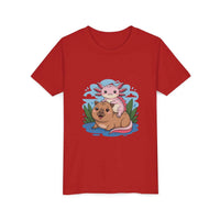 Breathable navy cotton youth tee featuring axolotl on a capybara design by Printify