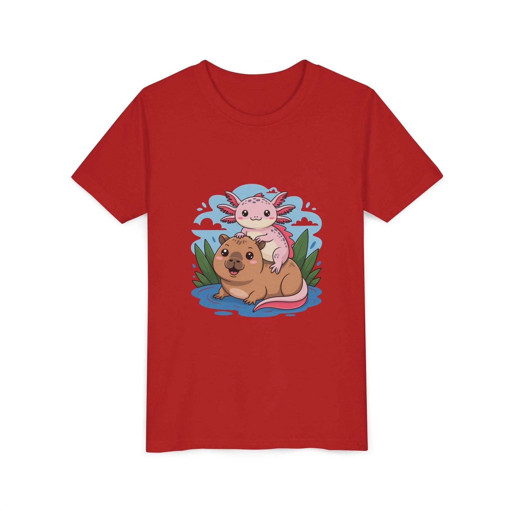 Breathable navy cotton youth tee featuring axolotl on a capybara design by Printify