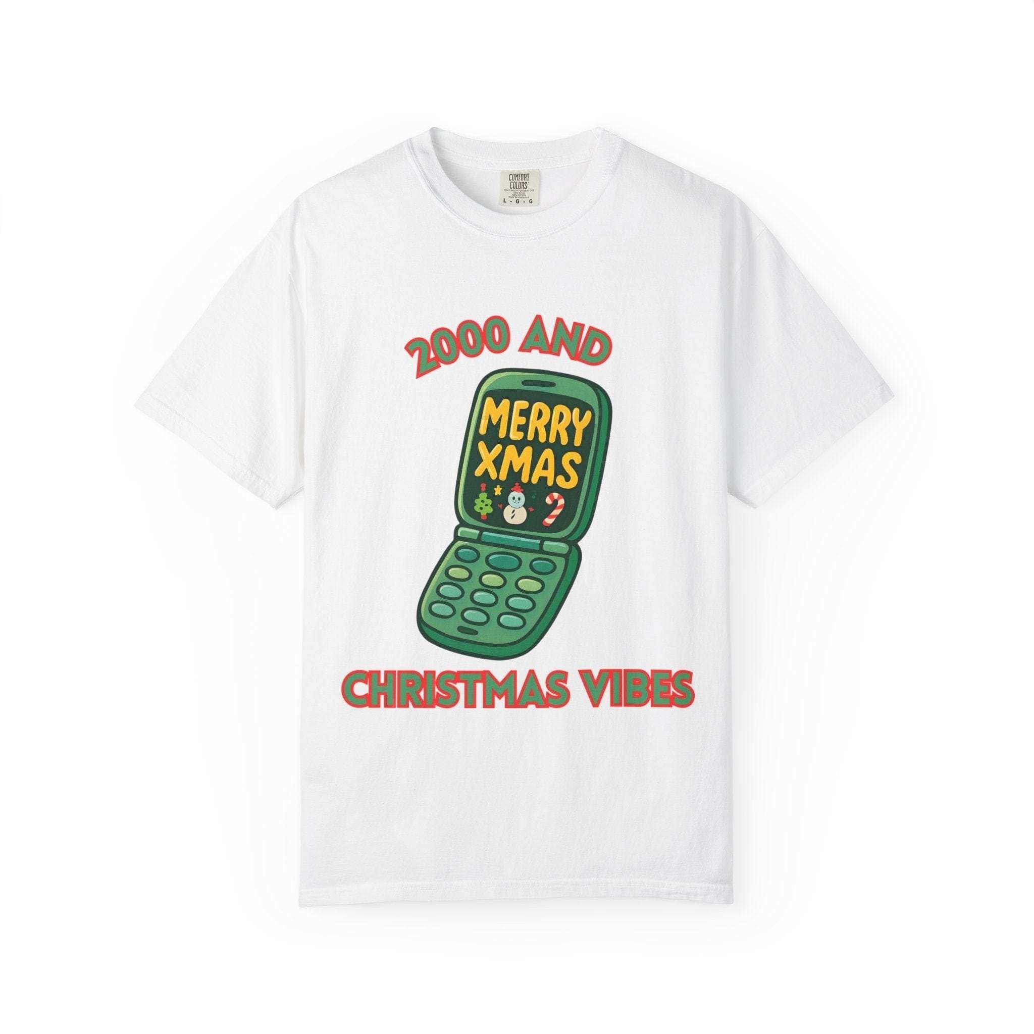Retro 2000 Christmas T-Shirt white with vintage cellphone and Merry Xmas graphic, cozy holiday style