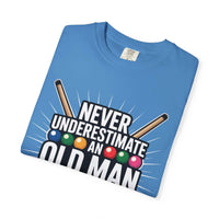 Blue t-shirt with "Never Underestimate An Old Man" text and pool cue graphic design