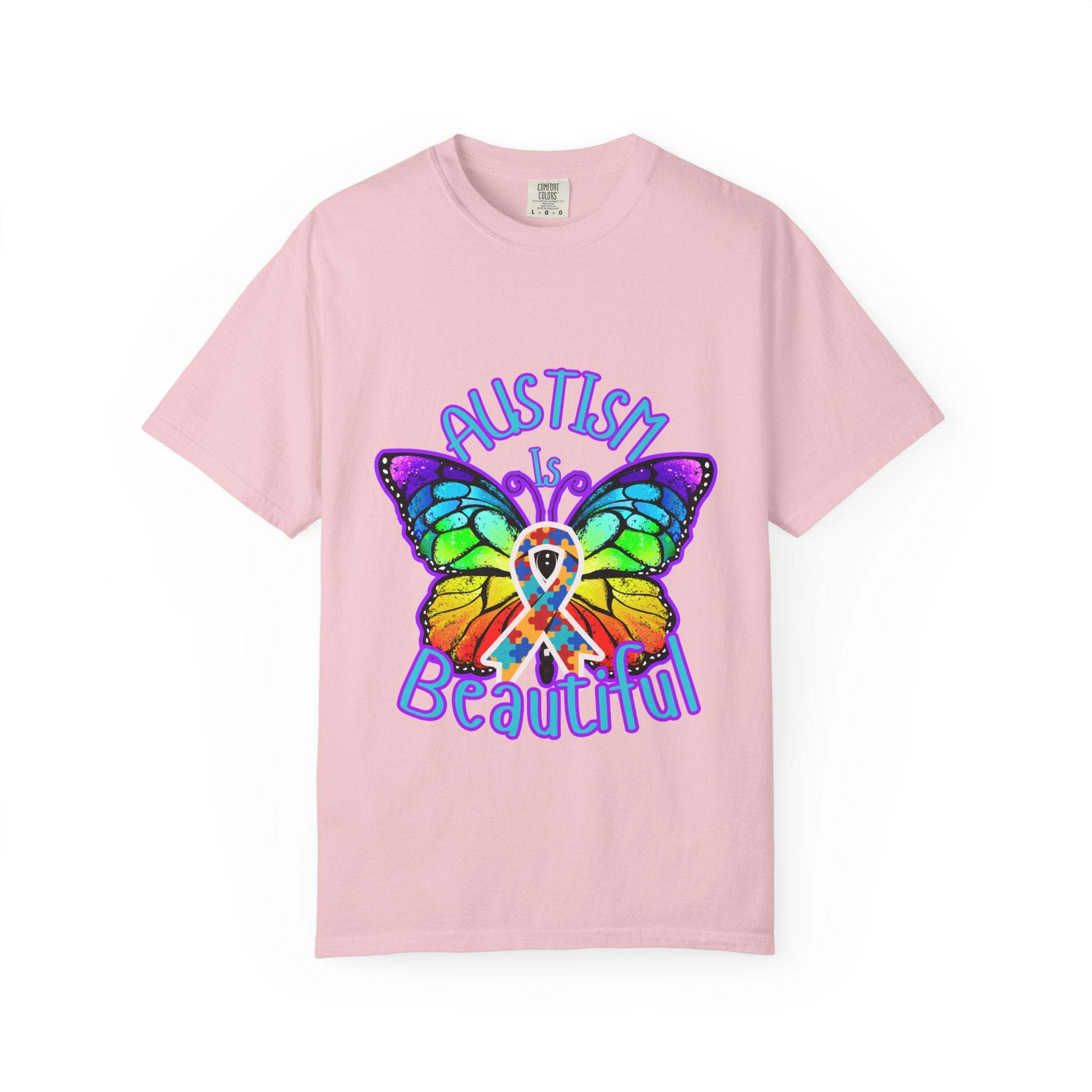 Pink Autism is Beautiful T-shirt with colorful butterfly and autism awareness ribbon design