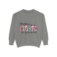 White garment-dyed sweatshirt with colorful Christmas lights, perfect for festive holiday wear by Printify