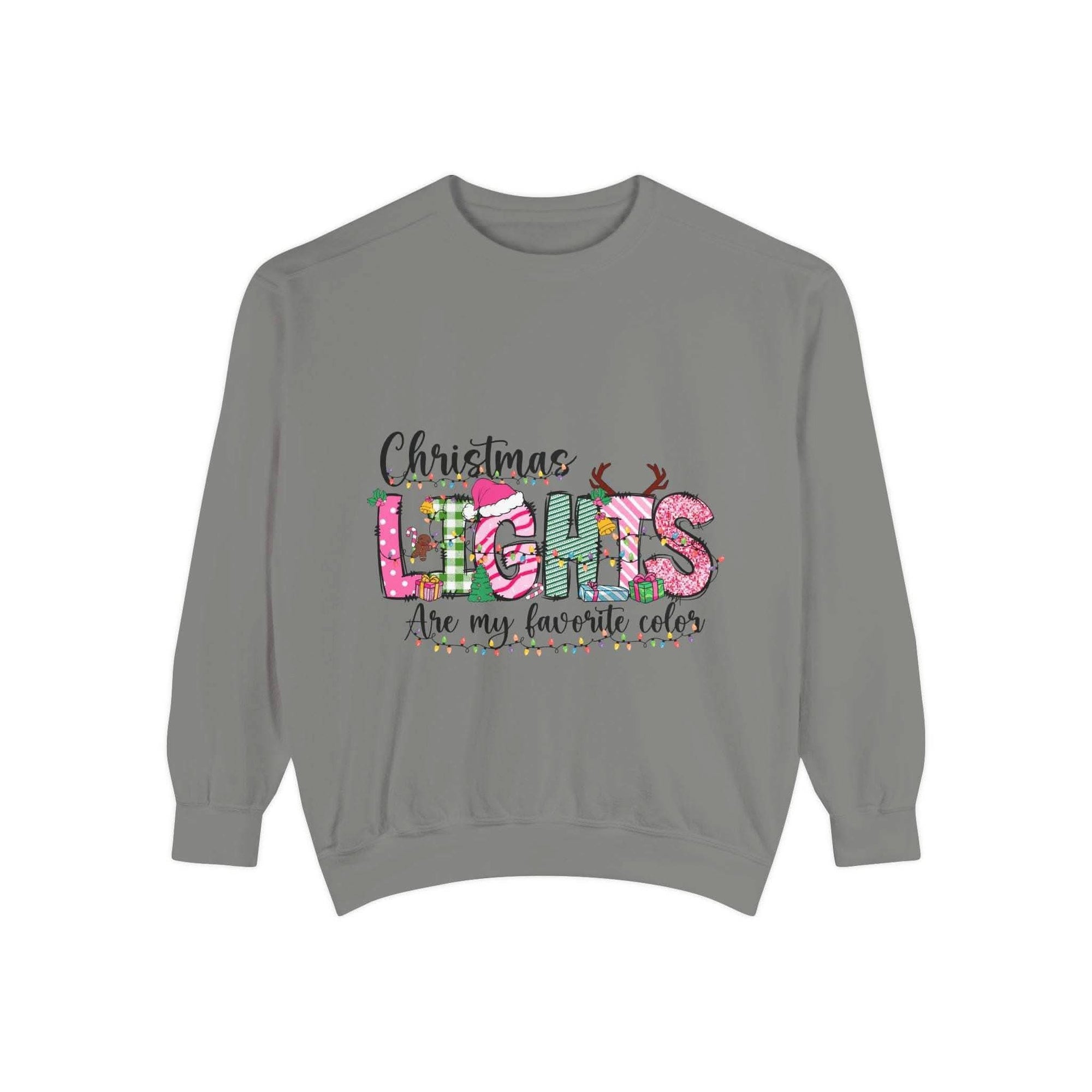 White garment-dyed sweatshirt with colorful Christmas lights, perfect for festive holiday wear by Printify