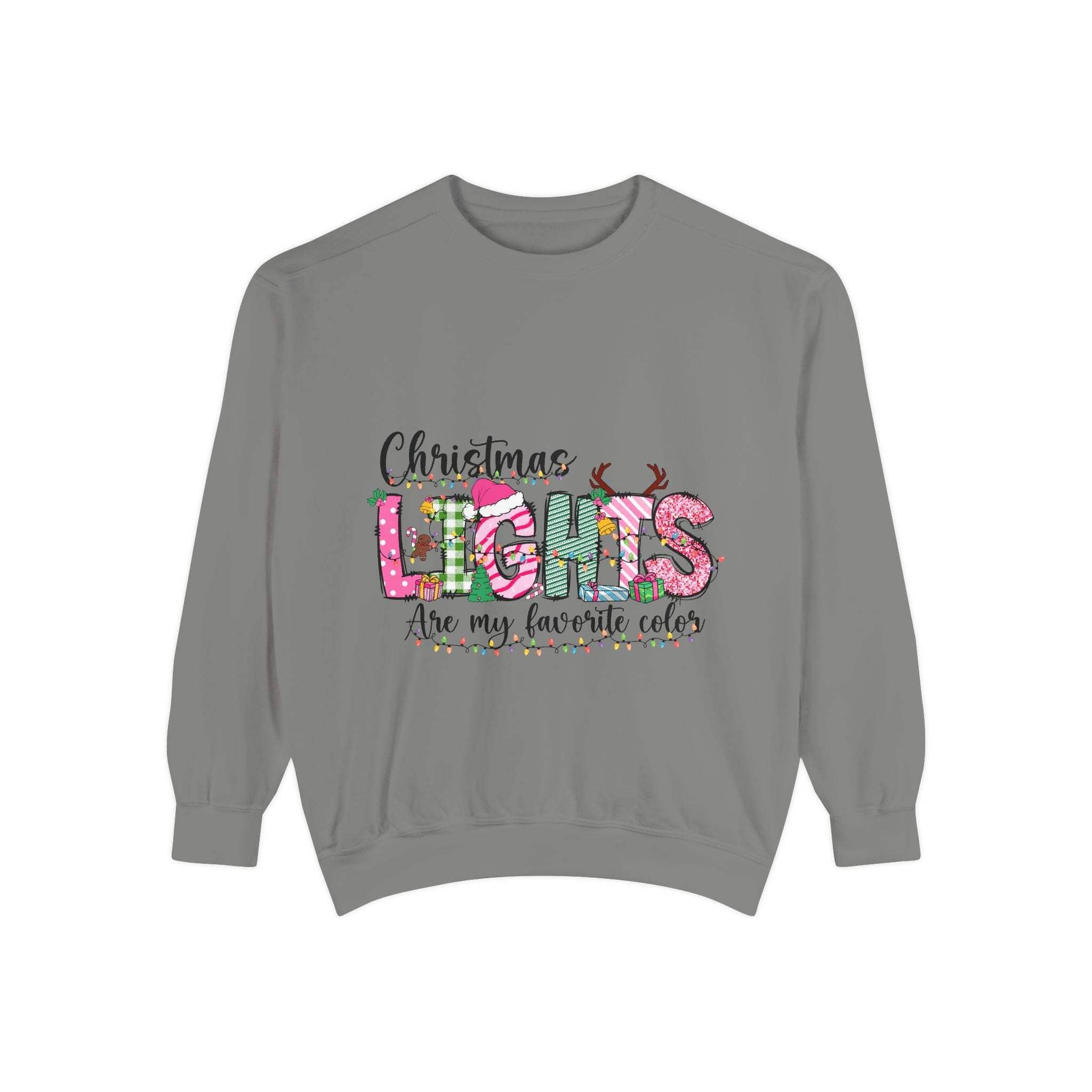 White garment-dyed sweatshirt with colorful Christmas lights, perfect for festive holiday wear by Printify