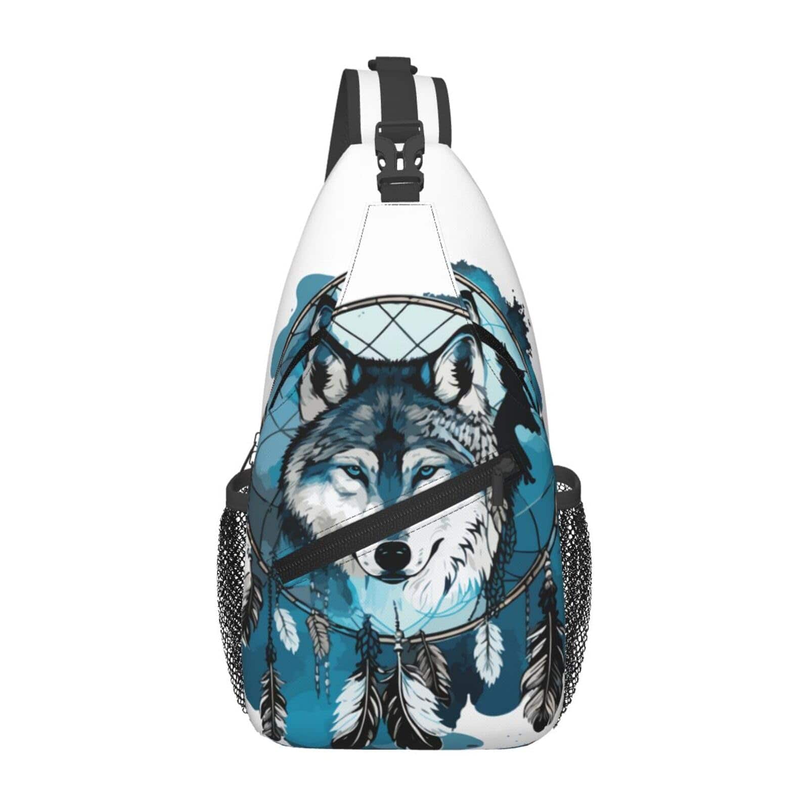 Wolf Spirit Crossbody Sling Bag with Native Wolf and Dreamcatcher design, lightweight and durable polyester fabric, multiple pockets, adjustable strap for versatile wear.