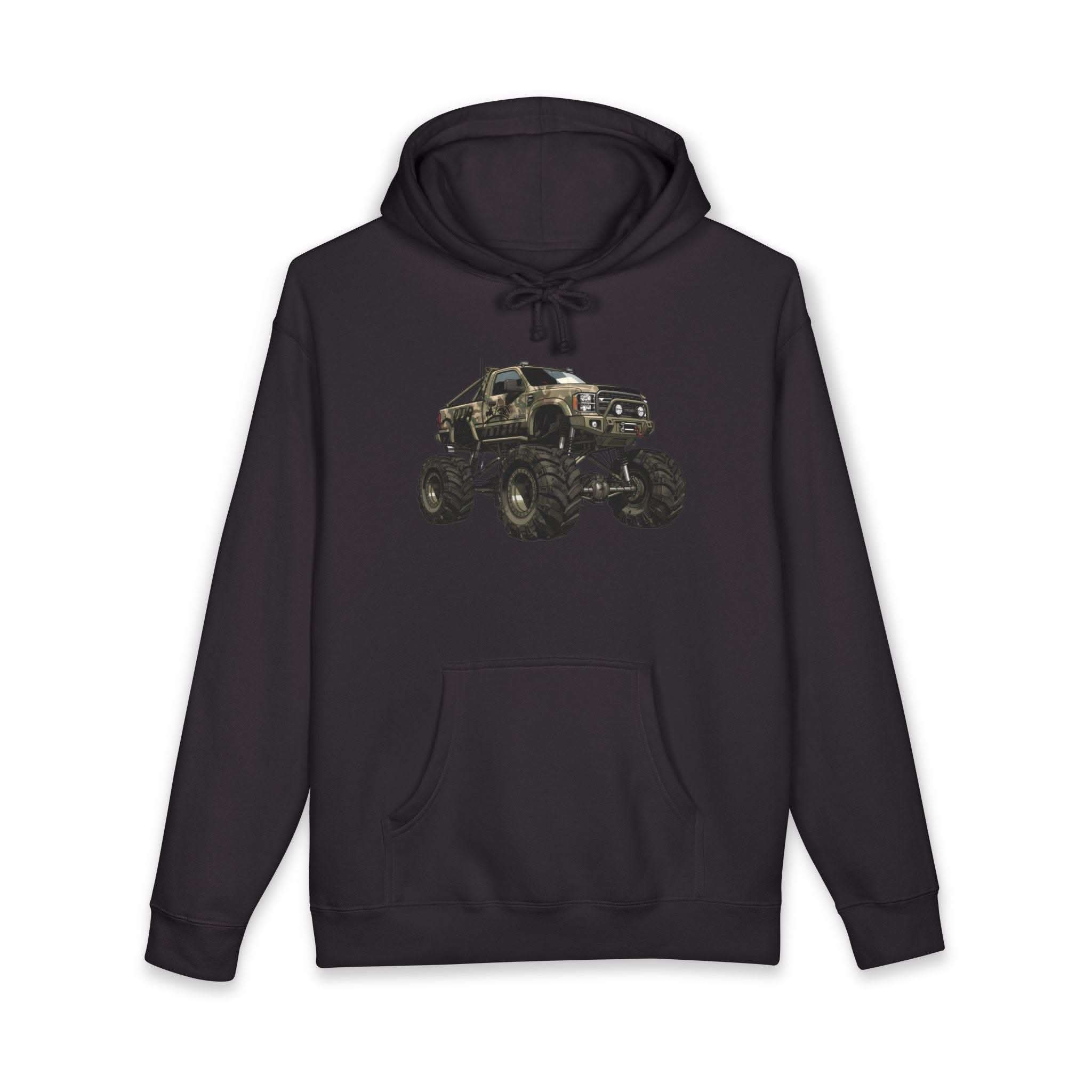 American Flag Monster Truck hoodie with camouflage truck graphic and distressed flag background