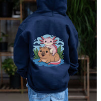 Youth hoodie featuring playful axolotl and capybara illustration on soft cotton-poly pullover sweatshirt