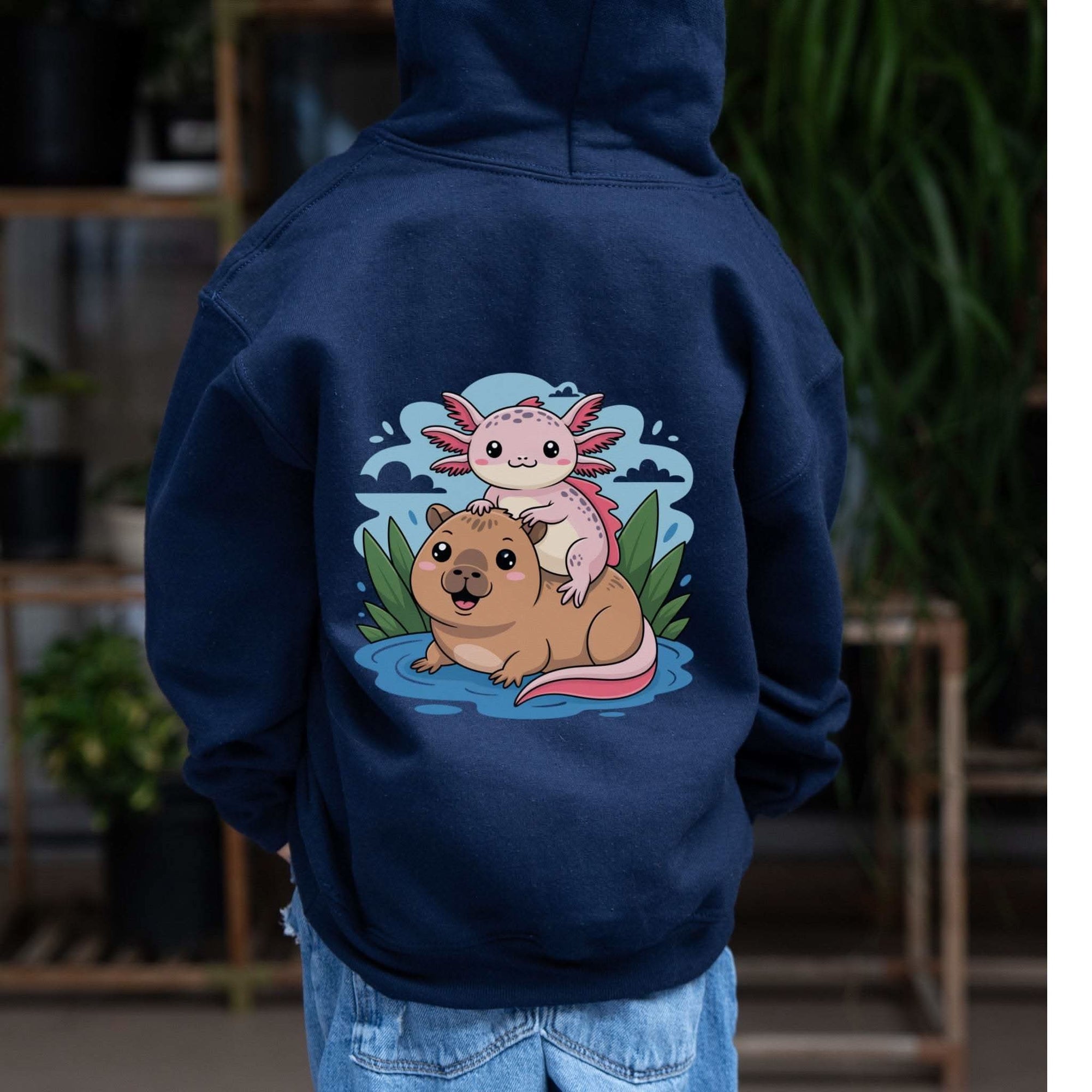 Youth hoodie featuring playful axolotl and capybara illustration on soft cotton-poly pullover sweatshirt