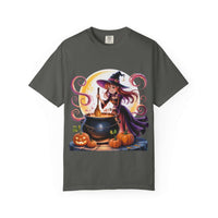 White anime Halloween witch t-shirt featuring playful design, available in sizes S, M, and L from Printify