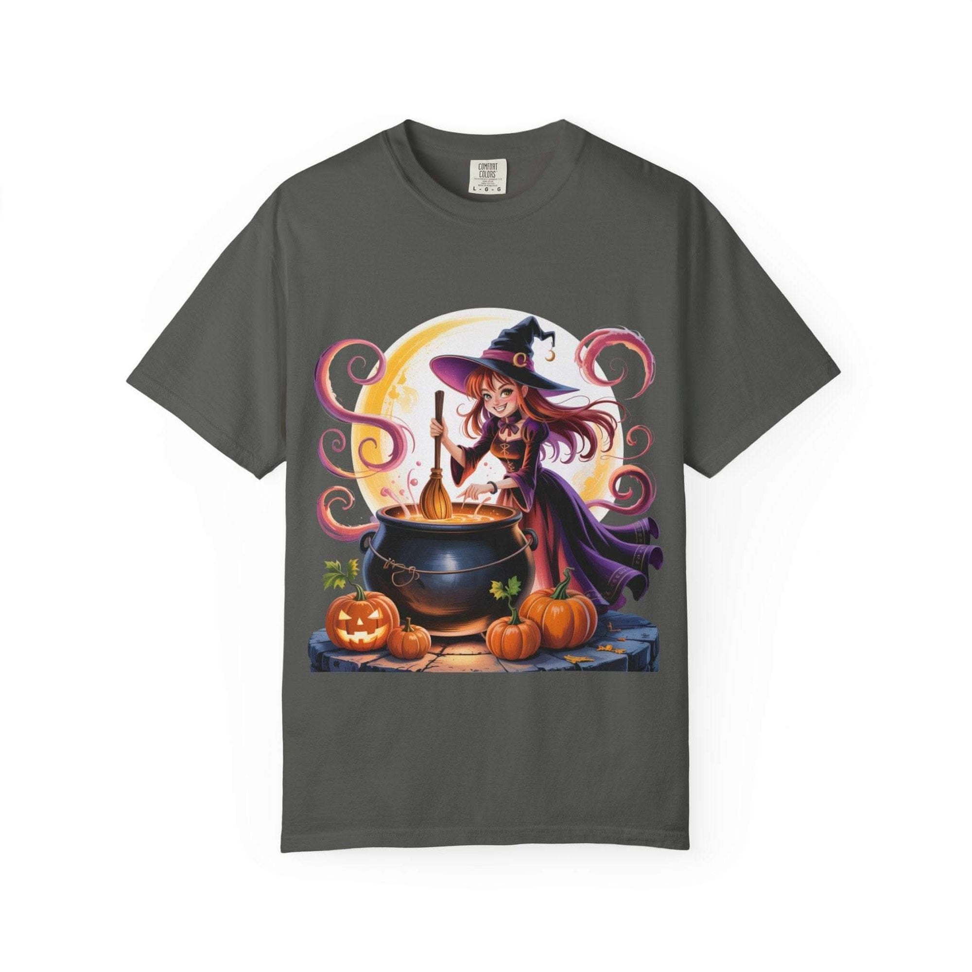 White anime Halloween witch t-shirt featuring playful design, available in sizes S, M, and L from Printify
