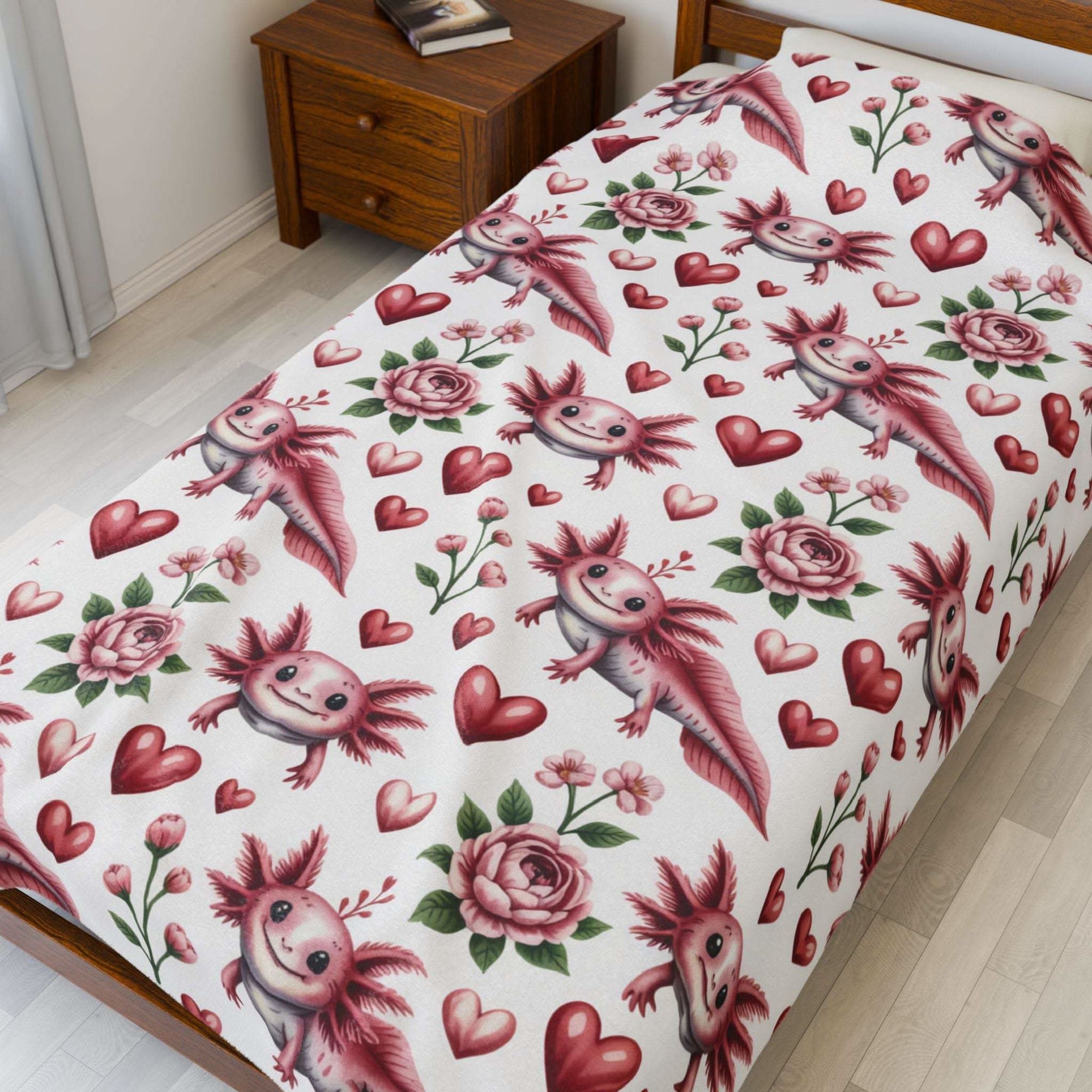 Soft velvety blanket with vibrant floral axolotl and heart design for cozy Valentine’s decor