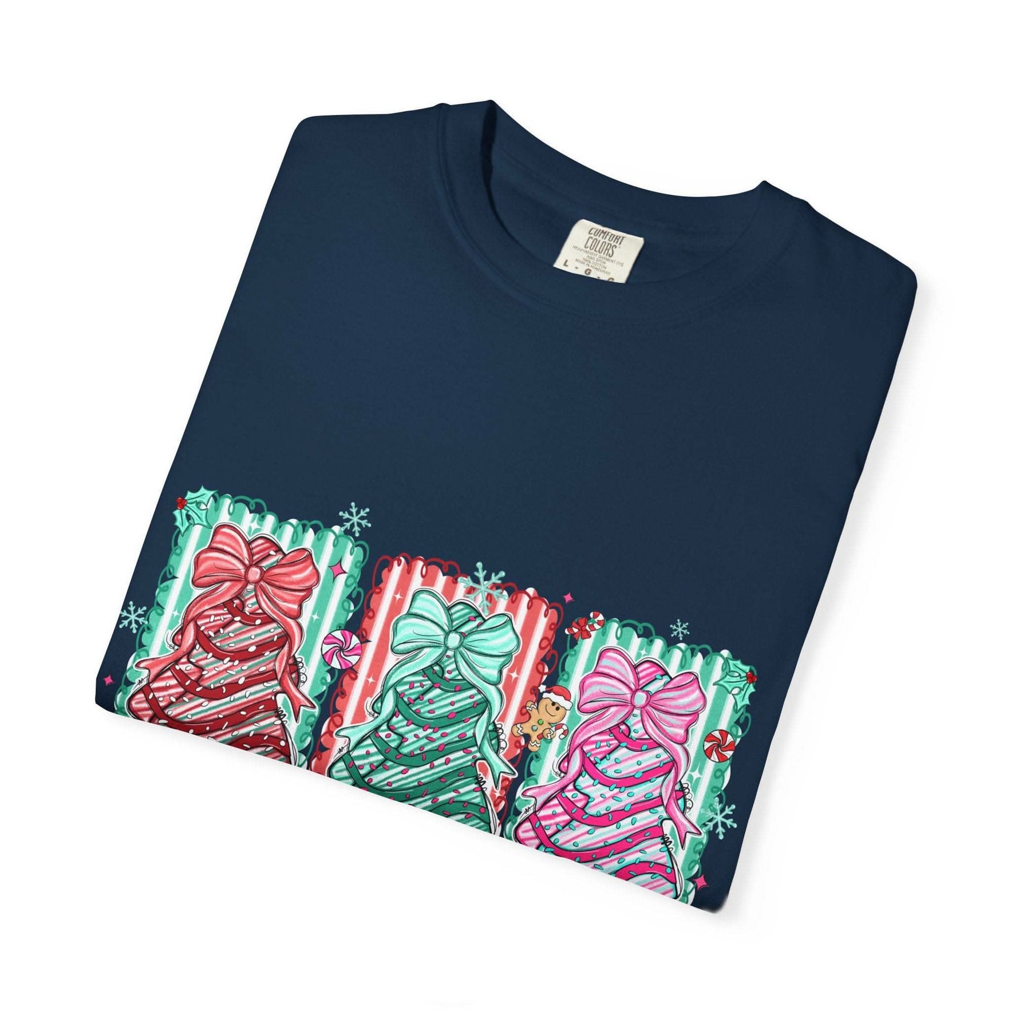 Oh Christmas Tree T-shirt with colorful decorated Christmas trees on cream garment-dyed fabric