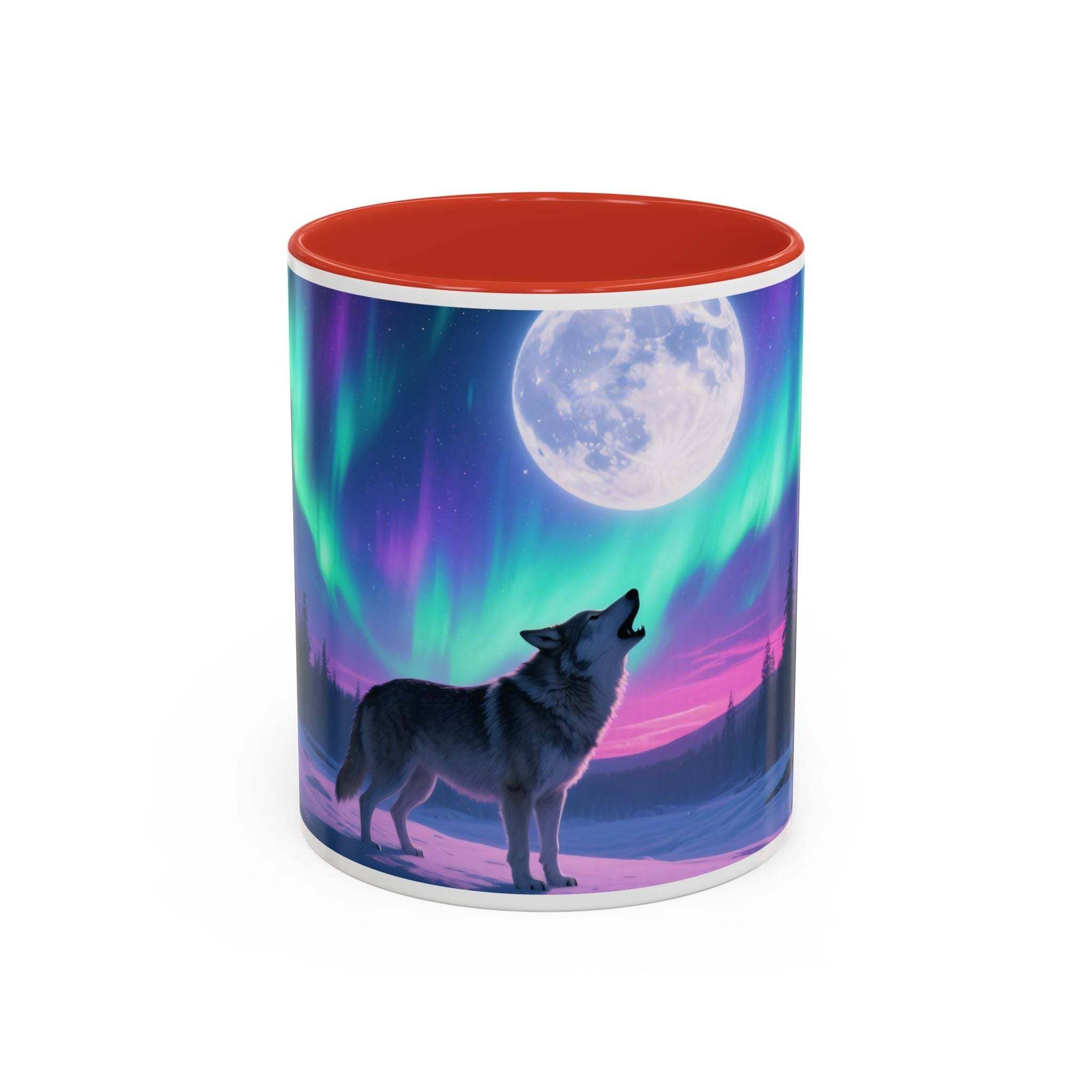 Wolf Northern Lights ceramic mug in black, featuring aurora borealis design, ideal for nature lovers