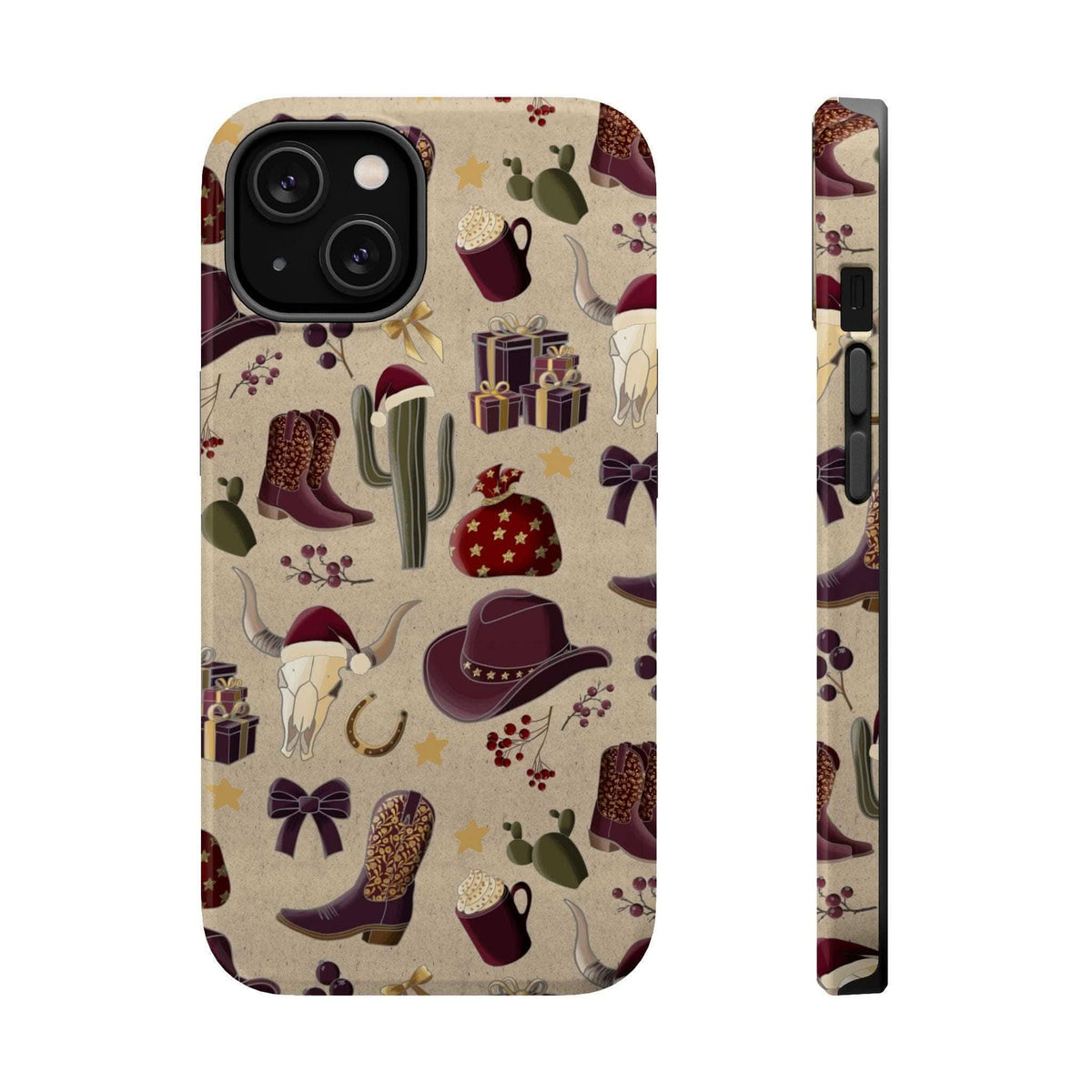 Cowboy Christmas design phone case for iPhone 17 in glossy finish by Printify, featuring festive colors and patterns.