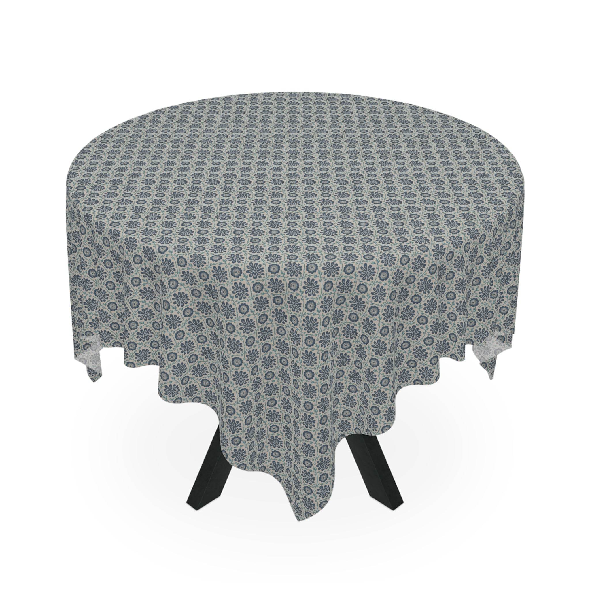Tablecloth Indigo Floral with indigo ogee vine pattern on round table, polyester fabric, elegant and lightweight design