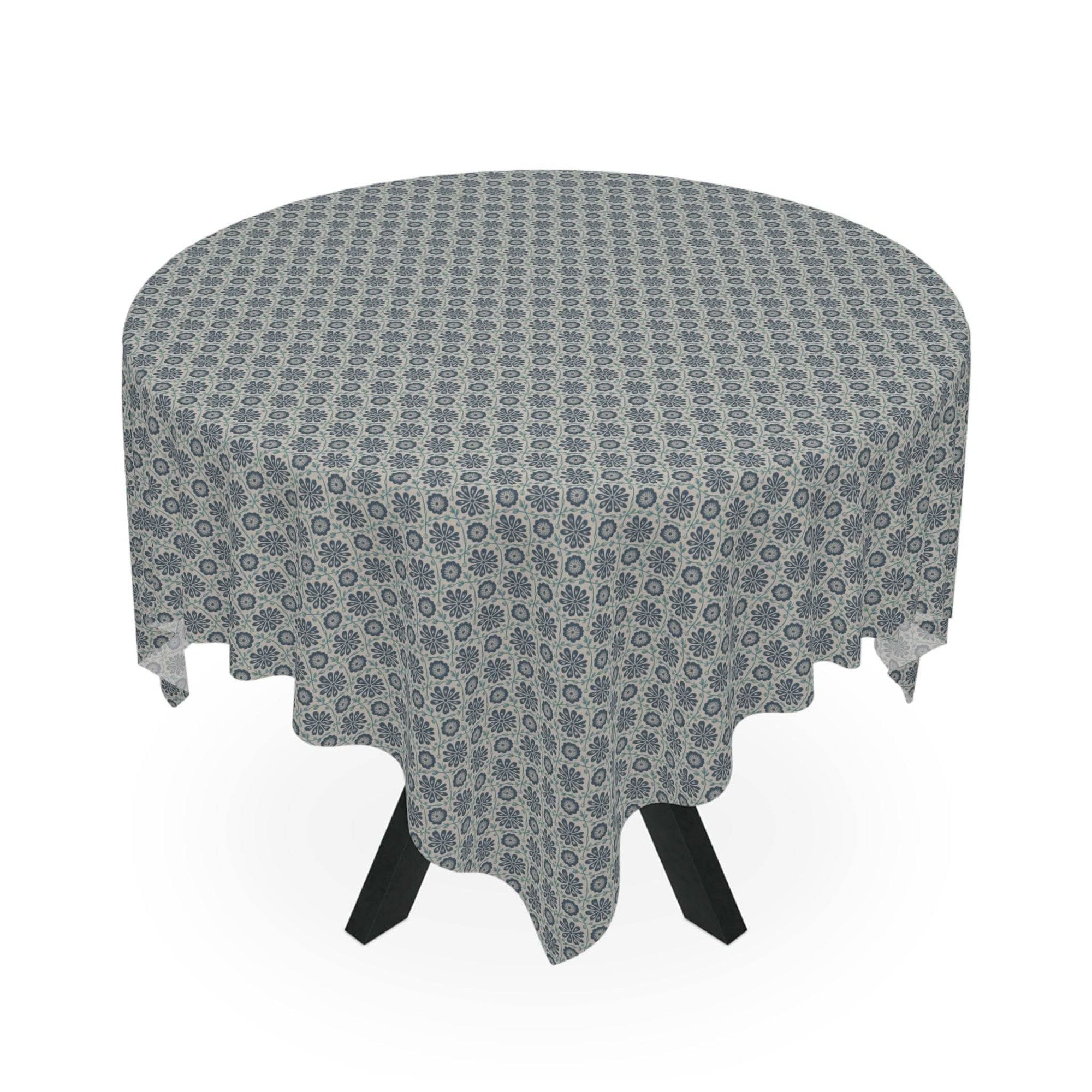 Tablecloth Indigo Floral with indigo ogee vine pattern on round table, polyester fabric, elegant and lightweight design