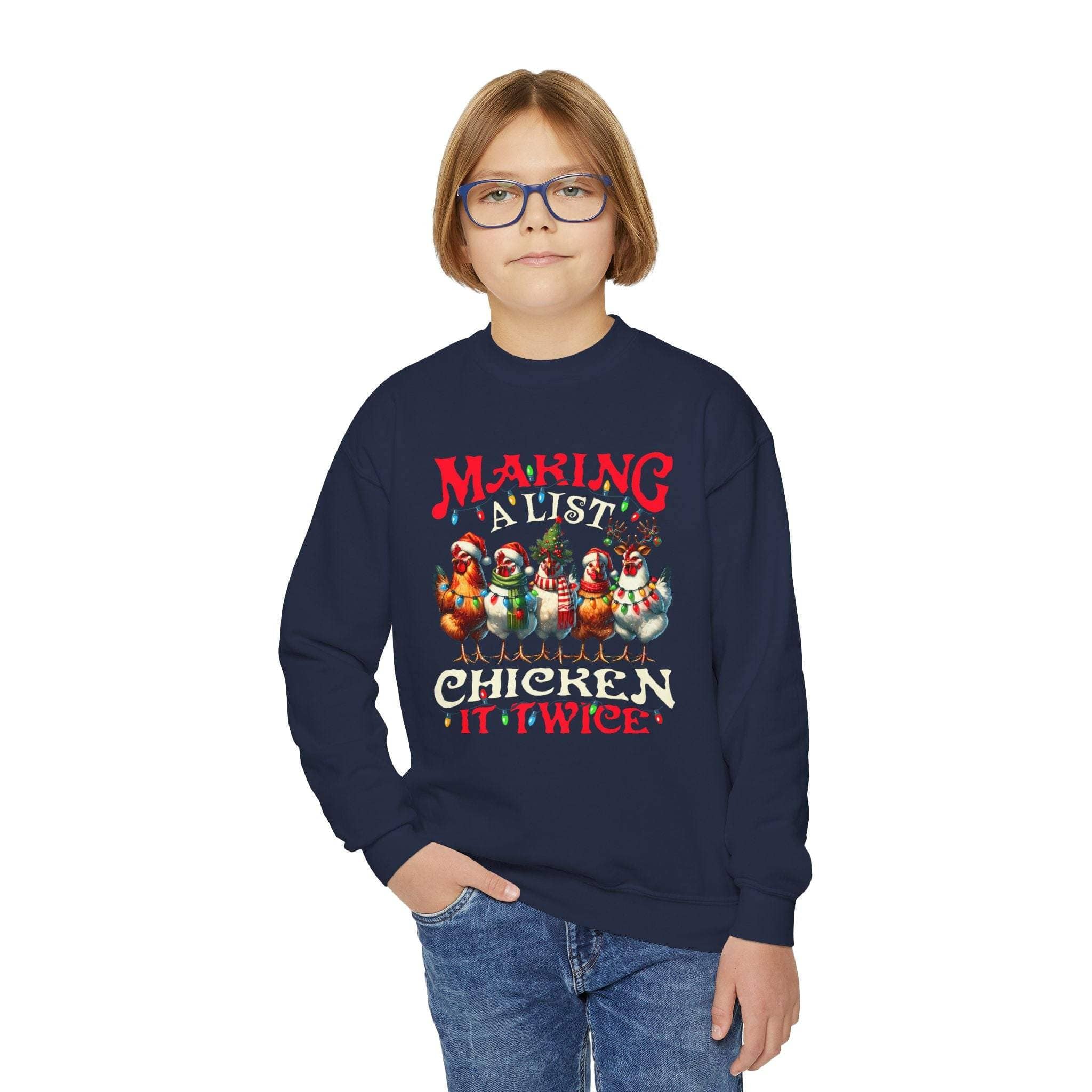 Youth crewneck sweatshirt with festive "Making a List Chicken it Twice" holiday design for kids