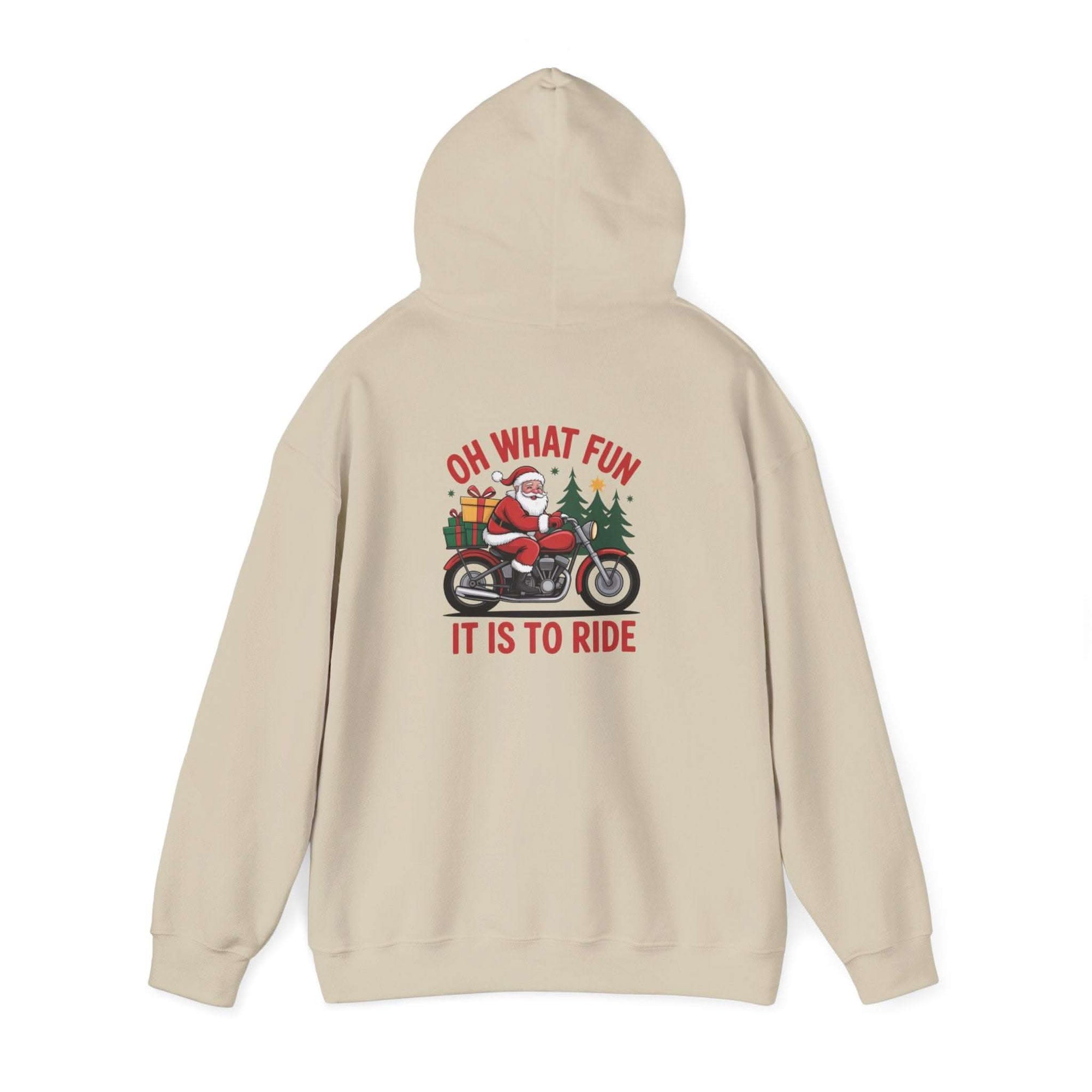 Santa motorcycle hoodie in black, featuring festive graphics, perfect for holiday celebrations and motorcycle enthusiasts.