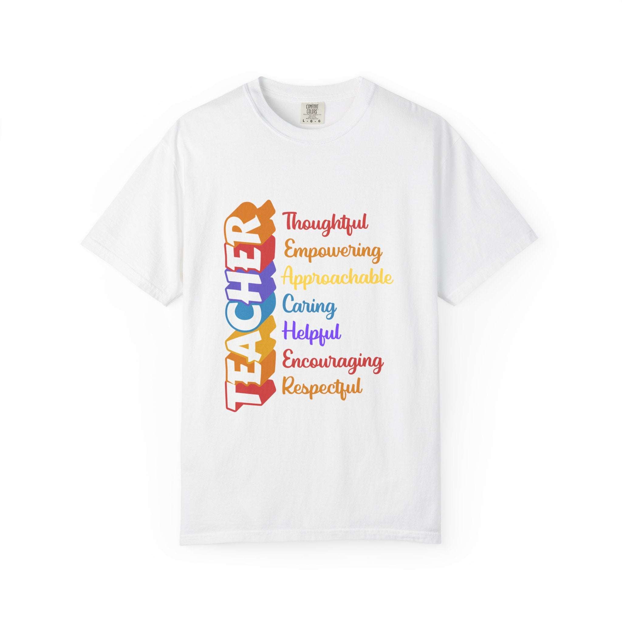 White Teacher Acronym Appreciation T-Shirt with colorful motivational text vertical design