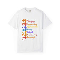 White Teacher Acronym Appreciation T-Shirt with colorful motivational text vertical design