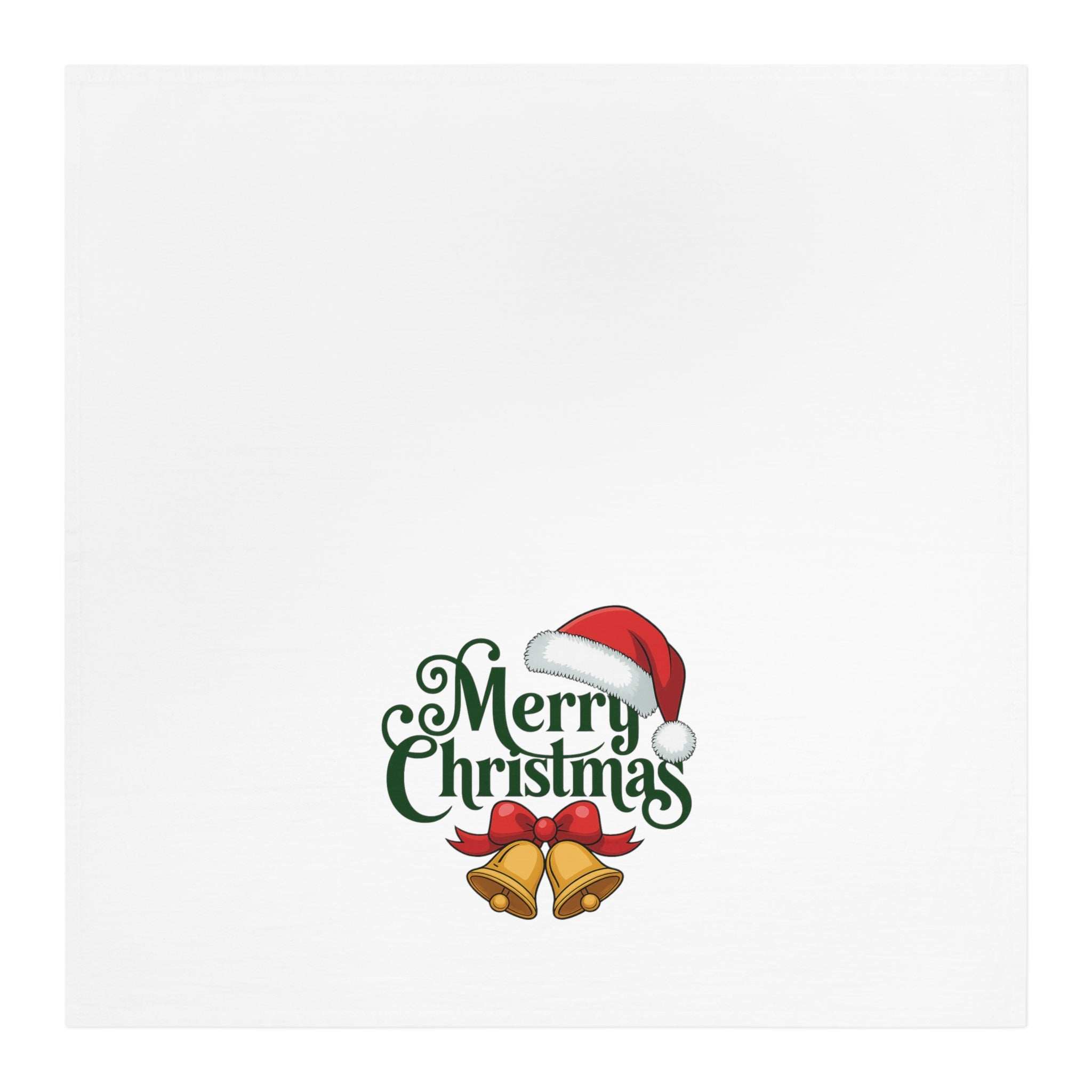 White cotton tea towel with Merry Christmas Bells text, Santa hat, and festive golden bells design