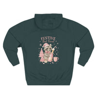 Dark fleece hoodie with festive raccoon design and "Festive But Feral" text