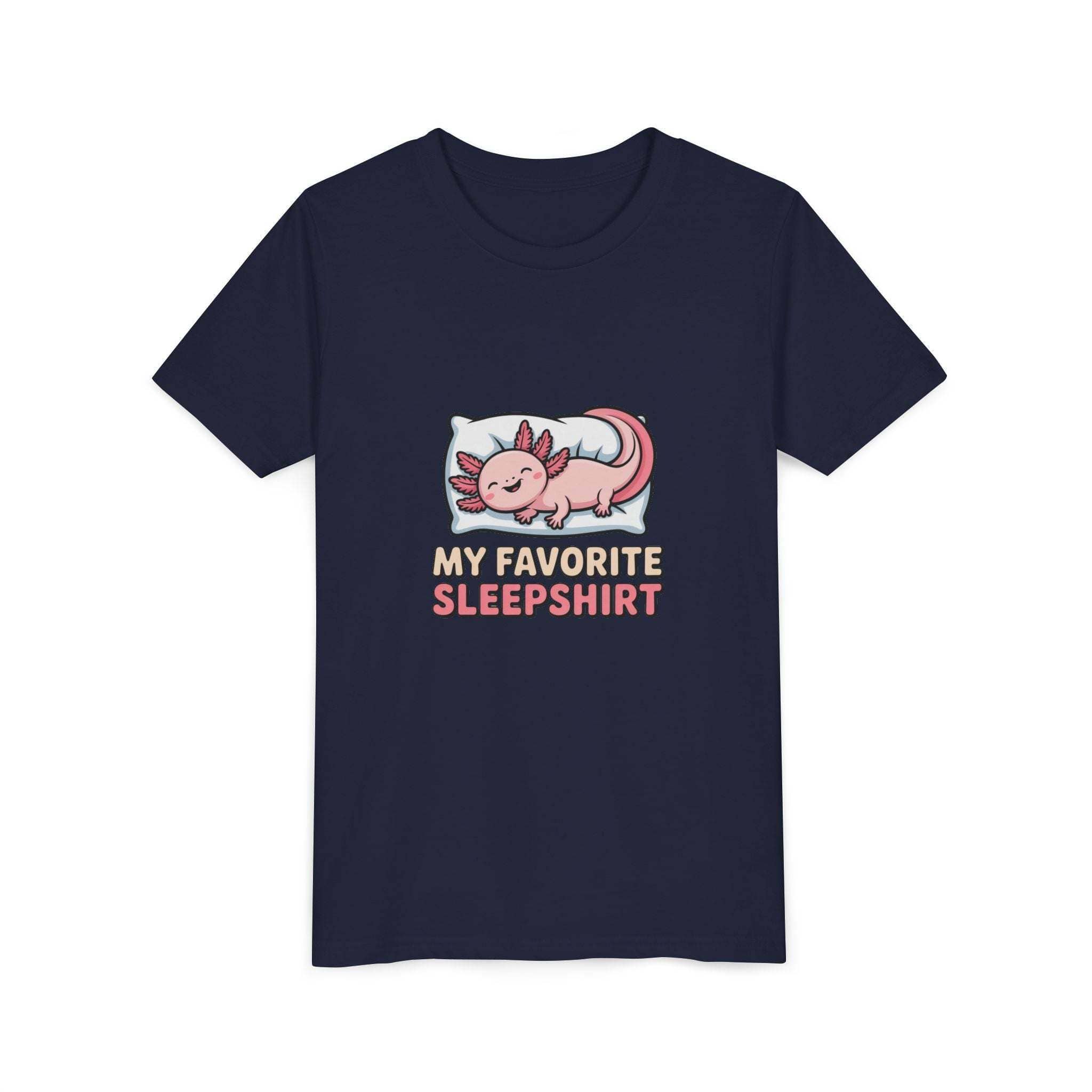 Navy youth tee with sleepy axolotl illustration and "My Favorite Sleepshirt" text, soft cotton Sleepshirt Axolotl youth tee