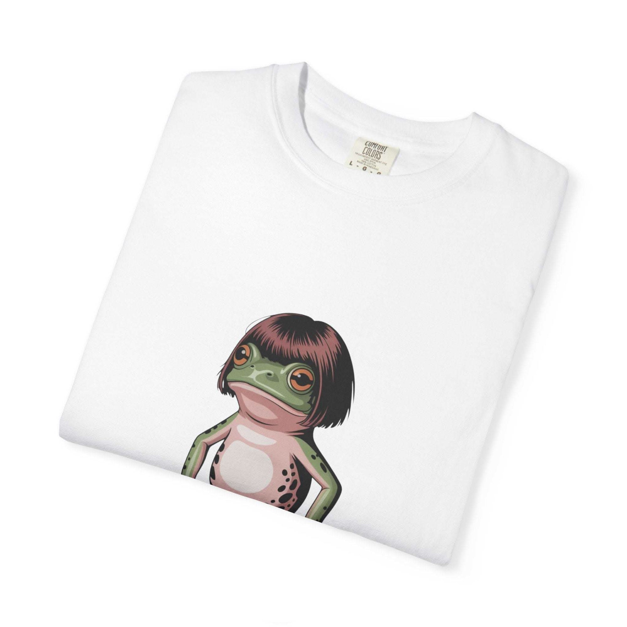 White t-shirt featuring a quirky frog with bob haircut meme illustration