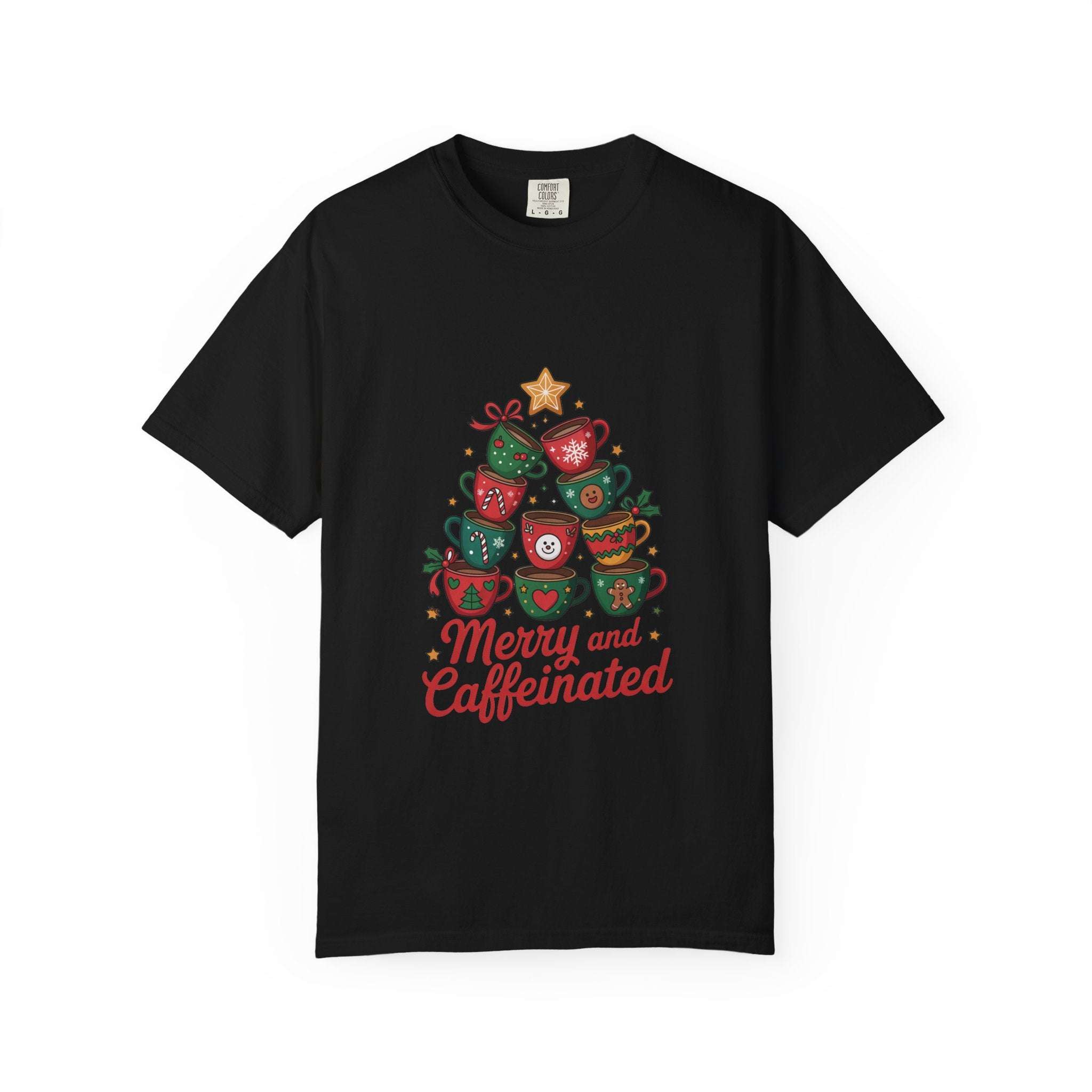 Black Merry and Caffeinated T-shirt with festive coffee cup tree design and red text