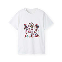 White Christmas Dancing Skeletons Tee with festive skeletons wearing Santa hats and wrapped in holiday lights dancing