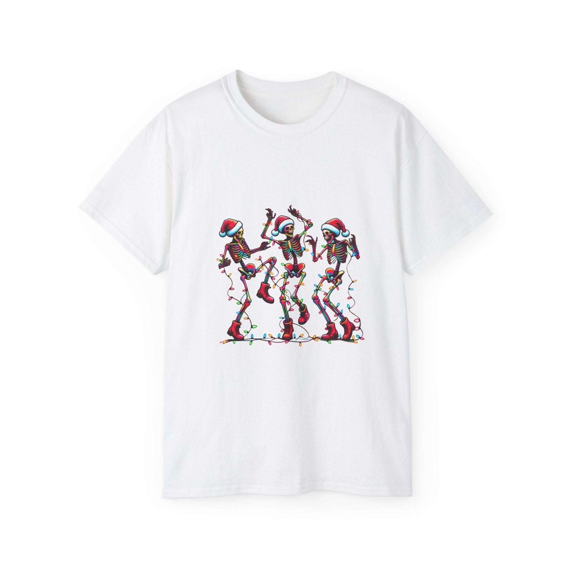 White Christmas Dancing Skeletons Tee with festive skeletons wearing Santa hats and wrapped in holiday lights dancing
