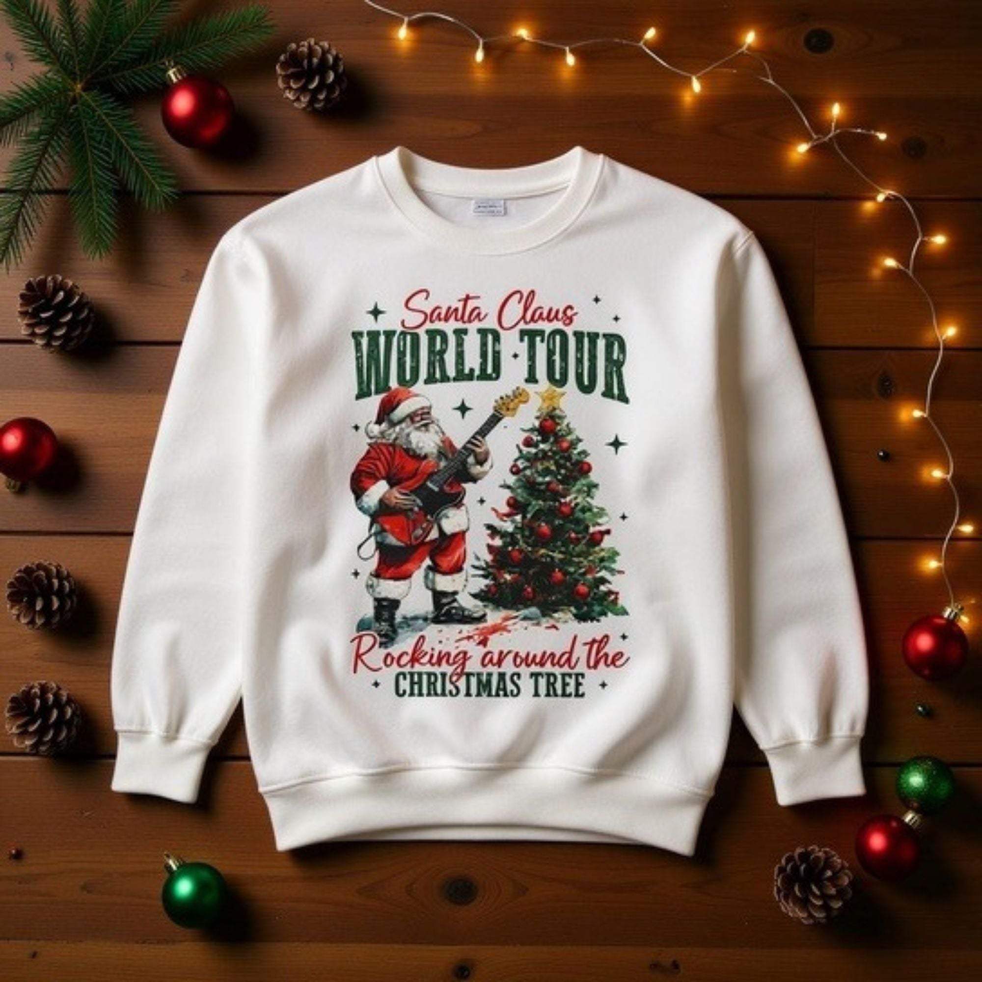 White Sweatshirt Rocking Santa playing guitar with Christmas tree design for festive holiday wear