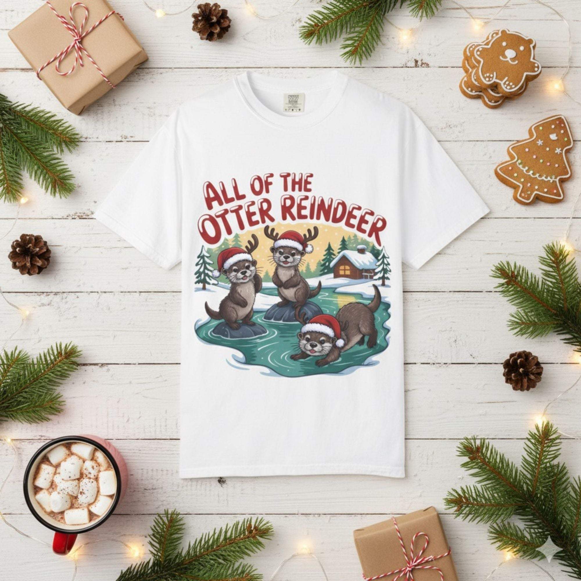 White Otter Reindeer Tee featuring cute otters in holiday hats on festive winter background