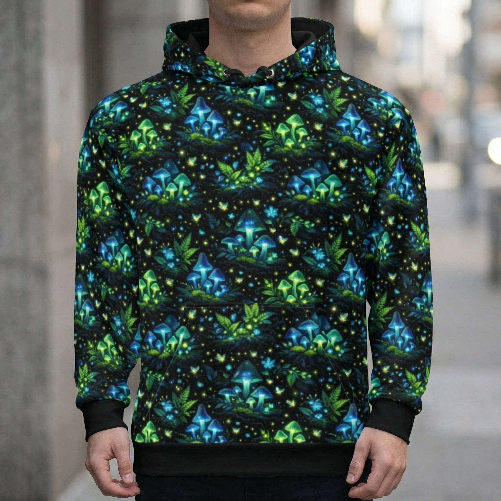 Bioluminescent forest hoodie with glowing mushrooms and fireflies design on black cotton fabric