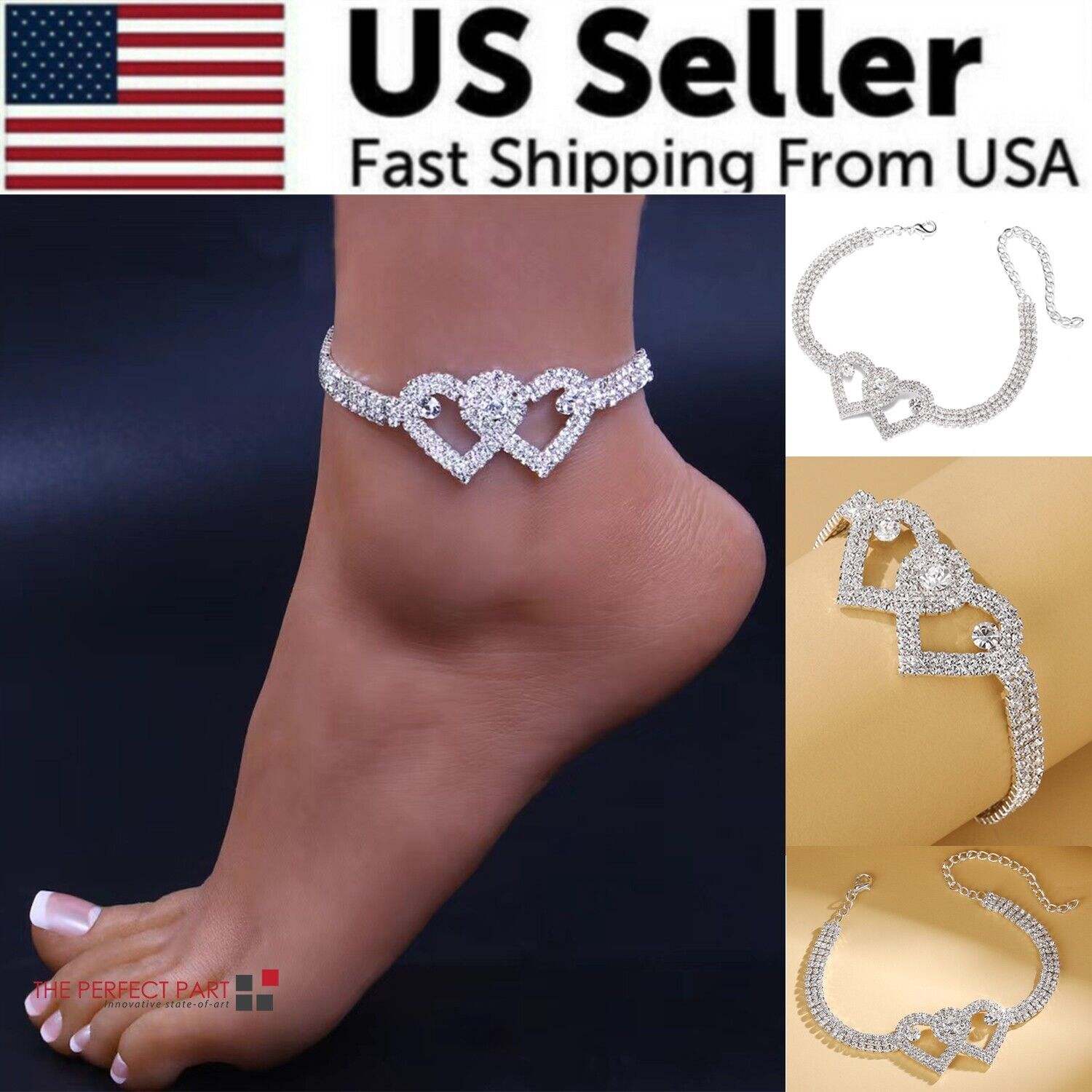 Double Heart Crystal Anklet with intertwined hearts and shimmering crystals for summer and special occasions